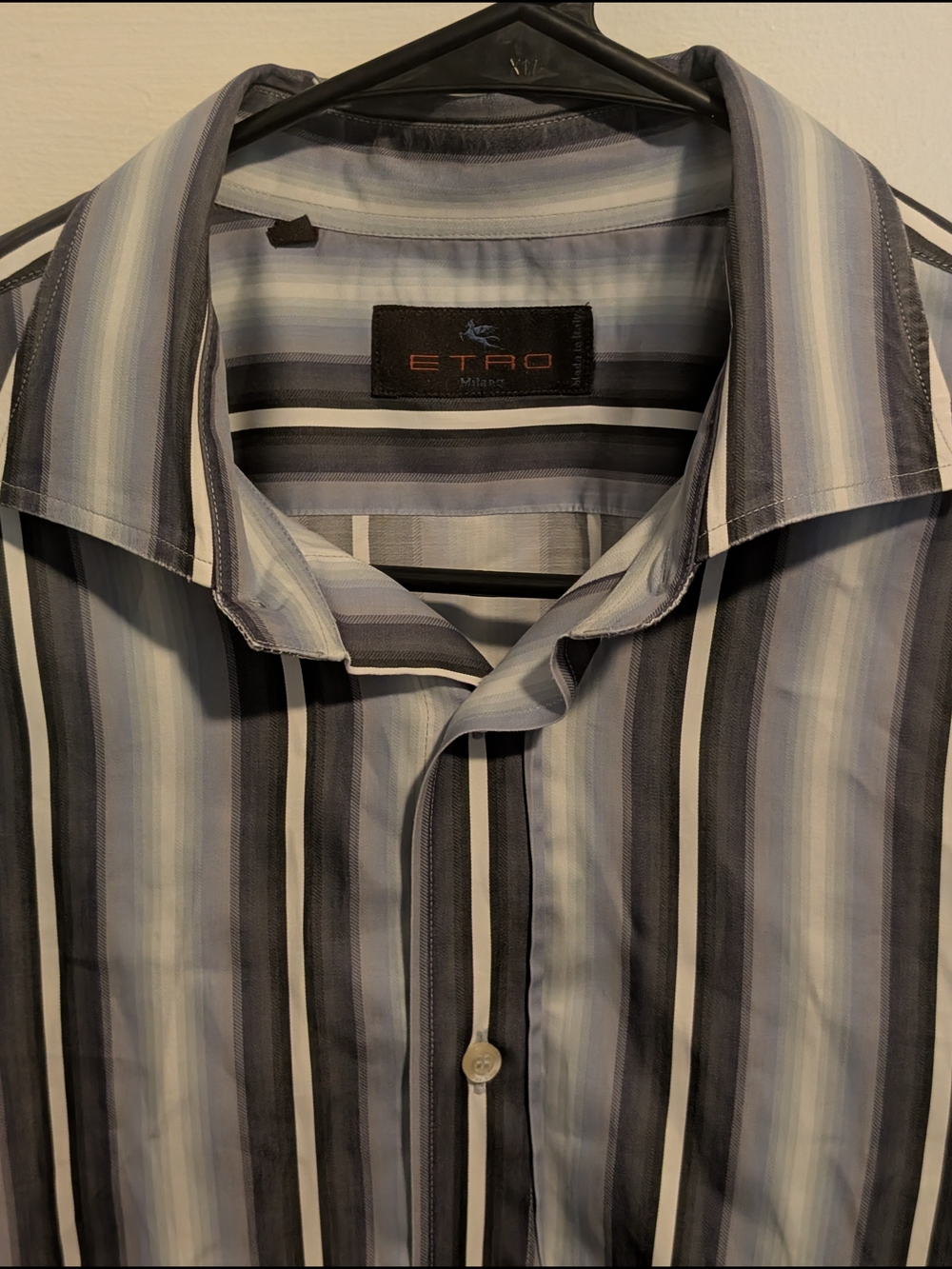 Italian Etro Men's Blue and Gray Striped Dress Shirt